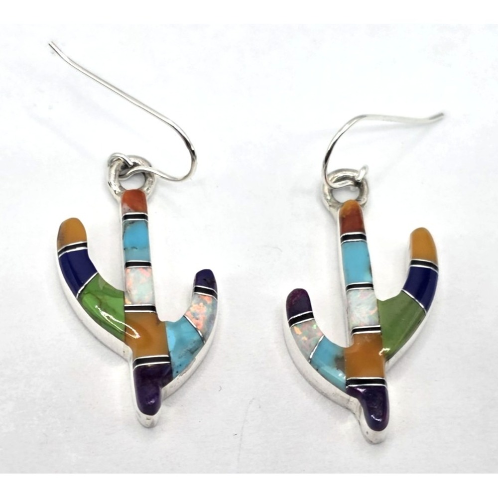 Multi-Gemstone Cacti Earrings Sterling Silver Inlays 0.94" Handmade Signed NEW - Picture 3 of 13